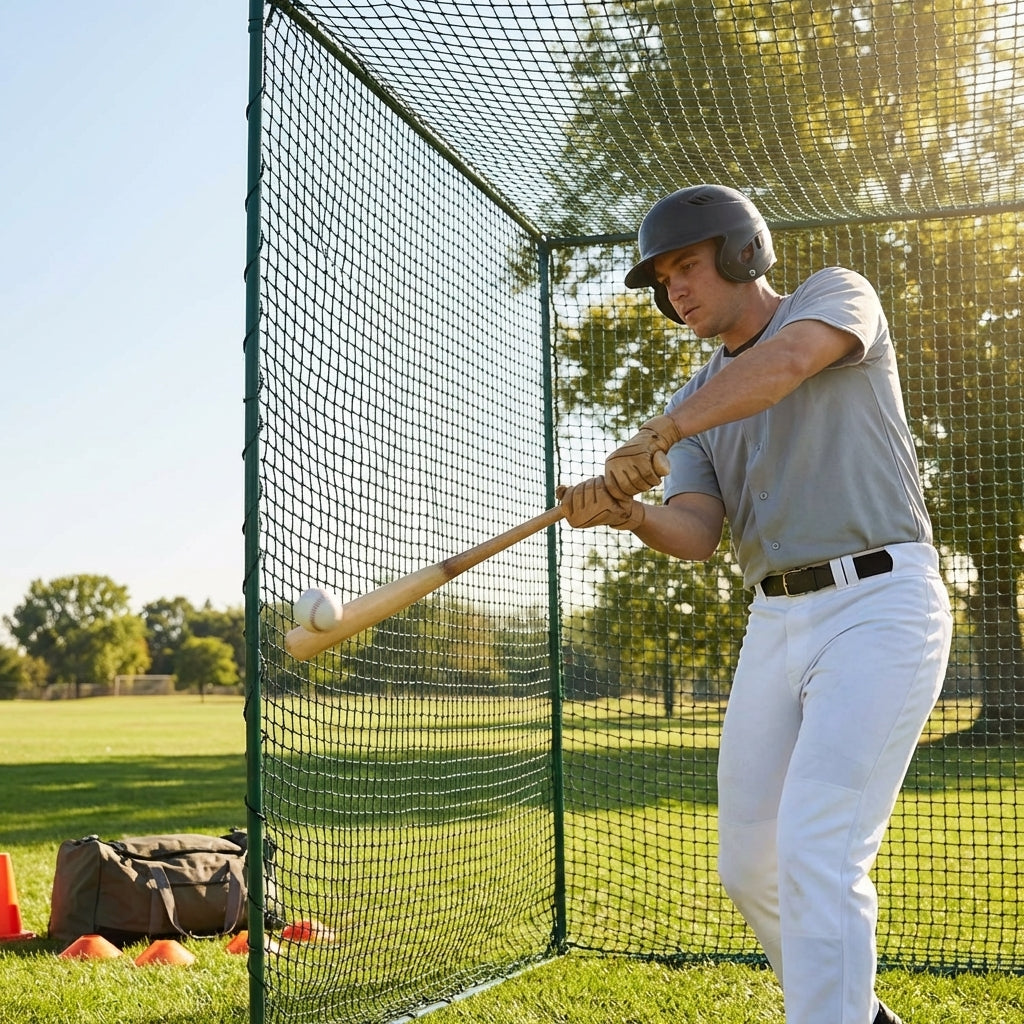 Baseball batting cage net made of durable knotless twine