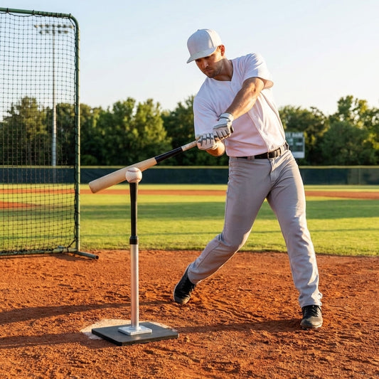 Baseball batting tee with adjustable height and durable rubber base