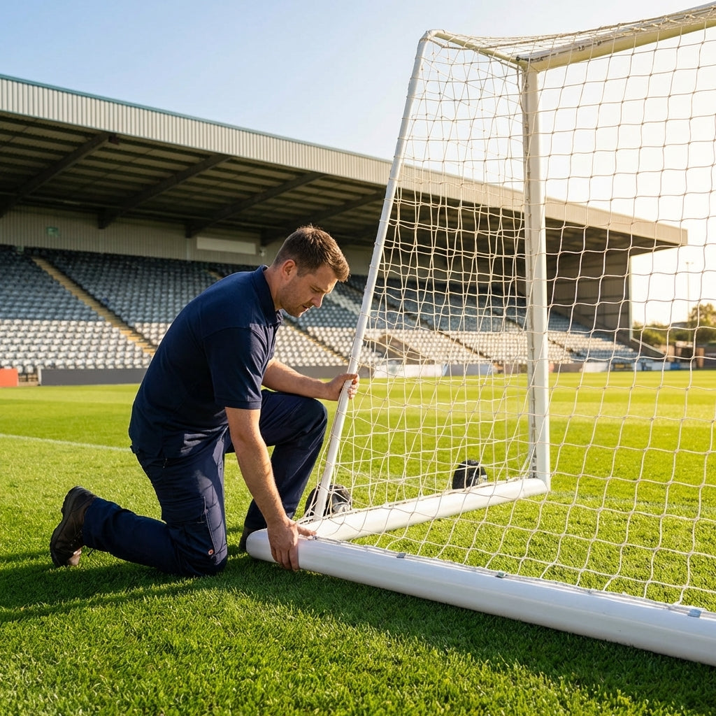 Hinged bottom net frame for stadium football goals