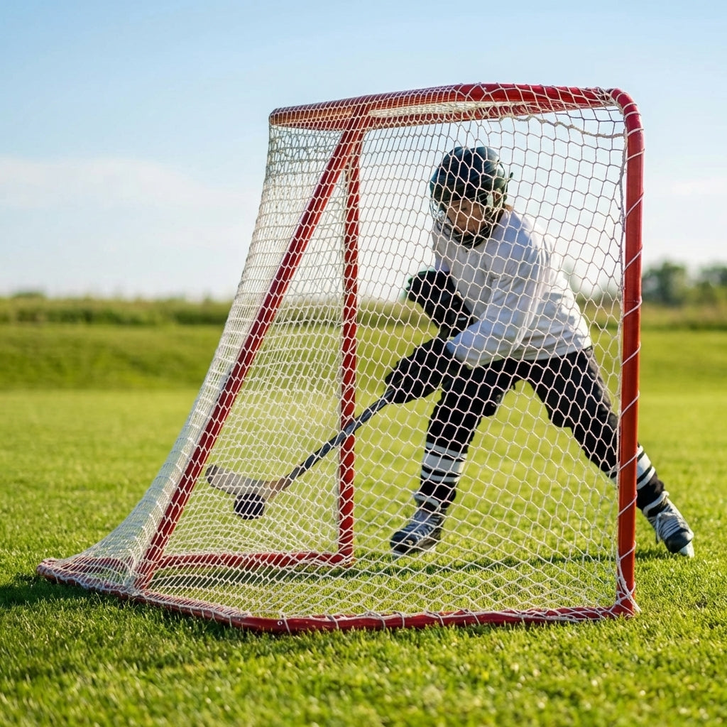 Full-size ice hockey goal with galvanised steel frame and net