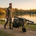 Fishing trolley in army green with steel construction and all-terrain capability
