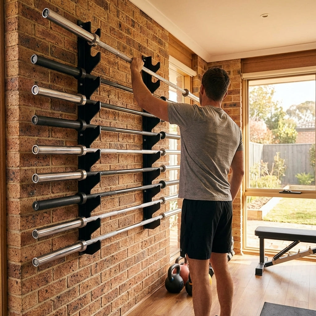 Wall mounted barbell rack for gym storage, powder coated steel