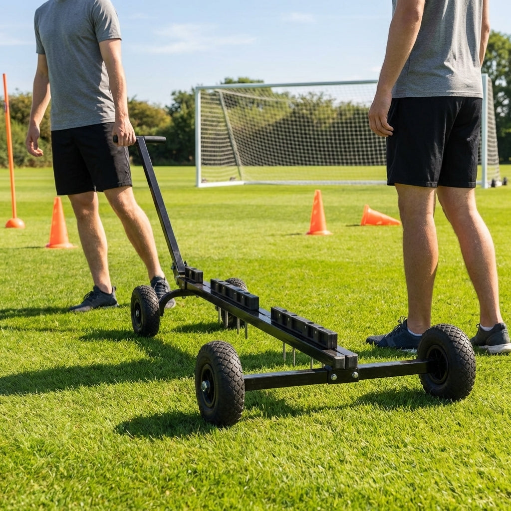 Football mannequin transport trolley with steel frame and off-road wheels