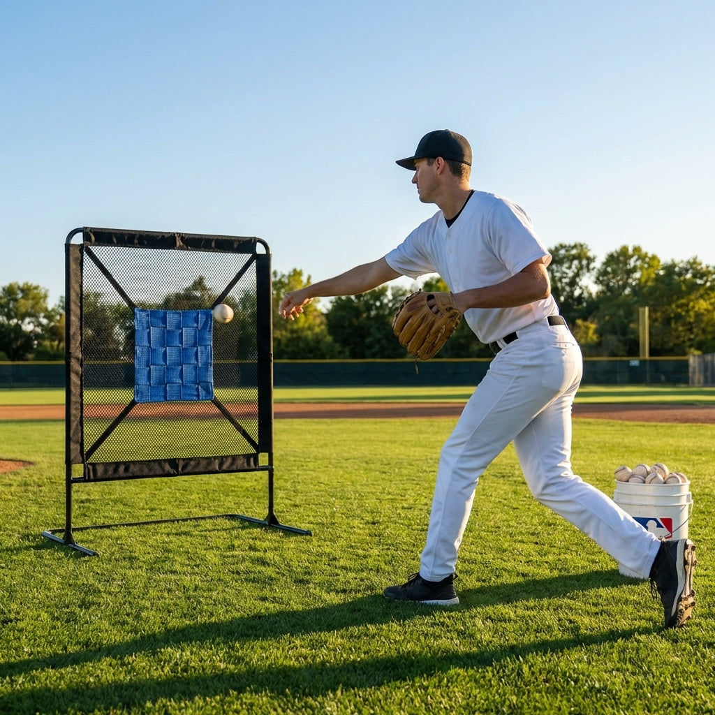 Blue baseball pitching target with adjustable straps and 9-pocket strike zone