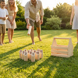 Wooden Skittle Game set with 12 numbered pins and a throwing baton - product detail