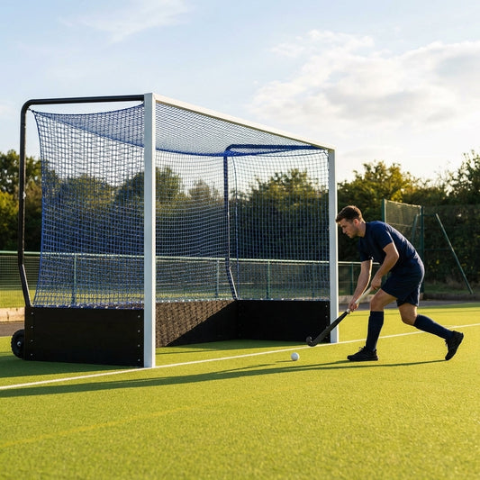 Aluminium hockey goal with HDPE net, 12ft x 7ft, for tournament use