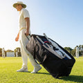 Wheeled cricket team kit bag in black for easy sports equipment transport