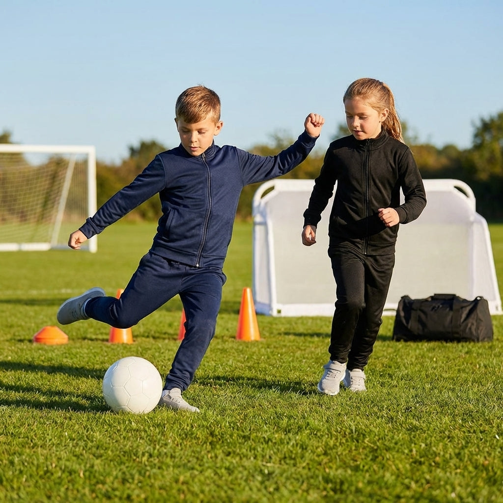 Kids' full zip tracksuit in polyester, shown in navy blue and black - product detail