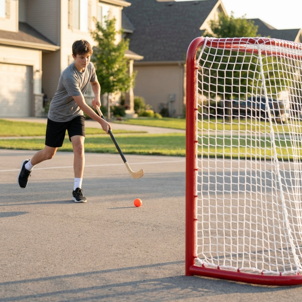 Street hockey goal with galvanised steel frame and red finish