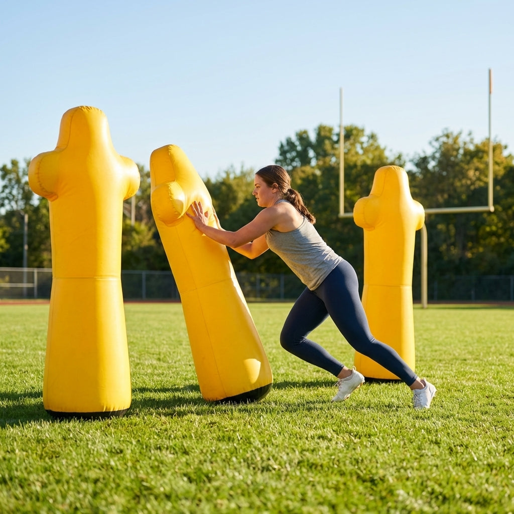 High-visibility American football training dummies in yellow PVC