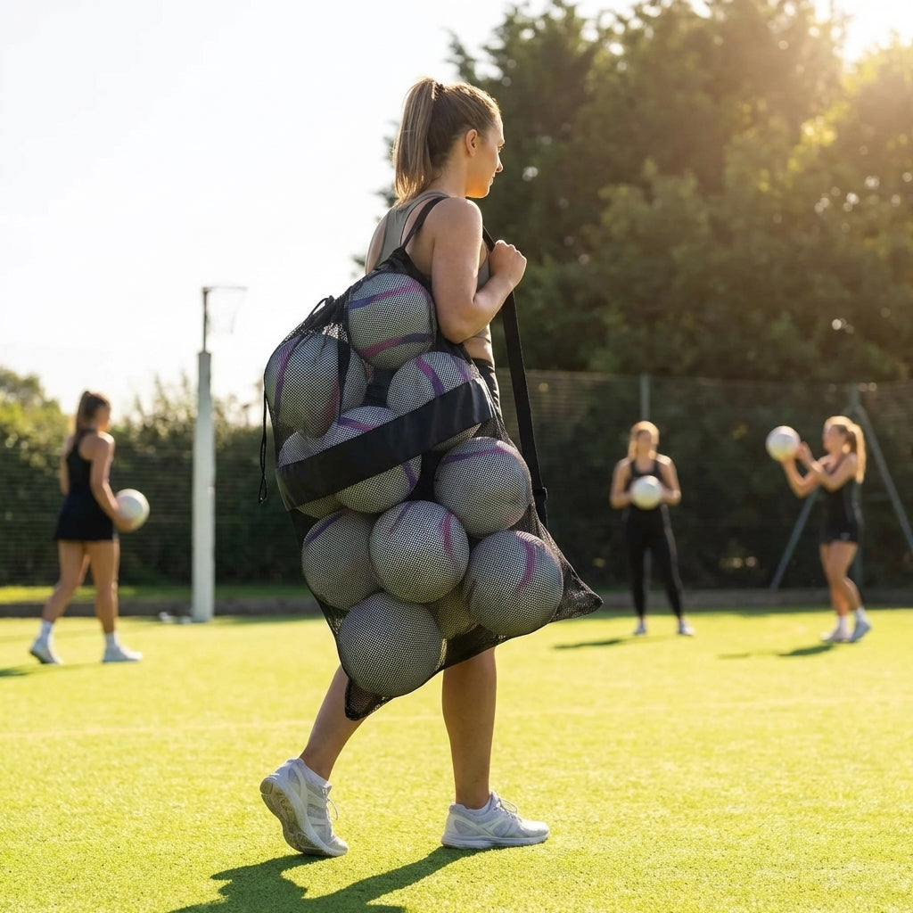 Netballs carry bag holding 12 pack for sports teams