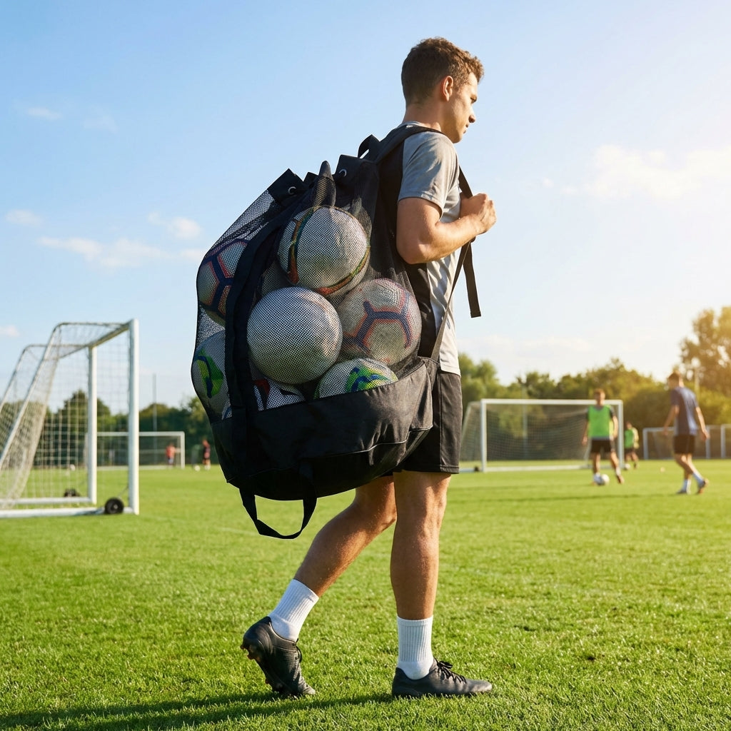 Mesh Ball Backpack for sports events, black with nylon and mesh materials