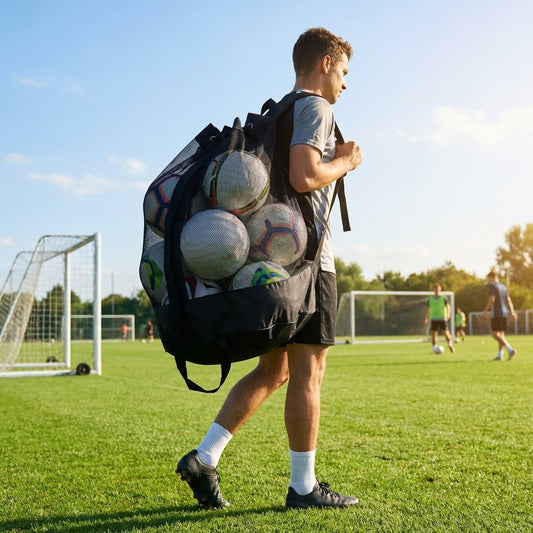 Mesh Ball Backpack for sports events, black with nylon and mesh materials