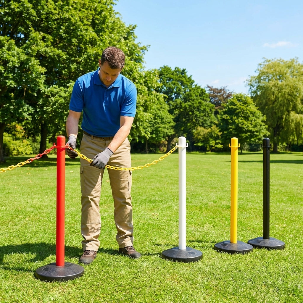 Plastic chain barrier posts in 4 vibrant colours for crowd control