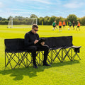 Portable team bench with steel frame and black seats for sports and camping