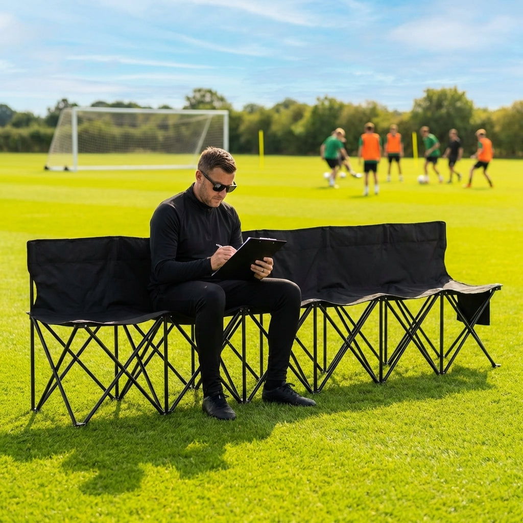 Portable team bench with steel frame and black seats for sports and camping