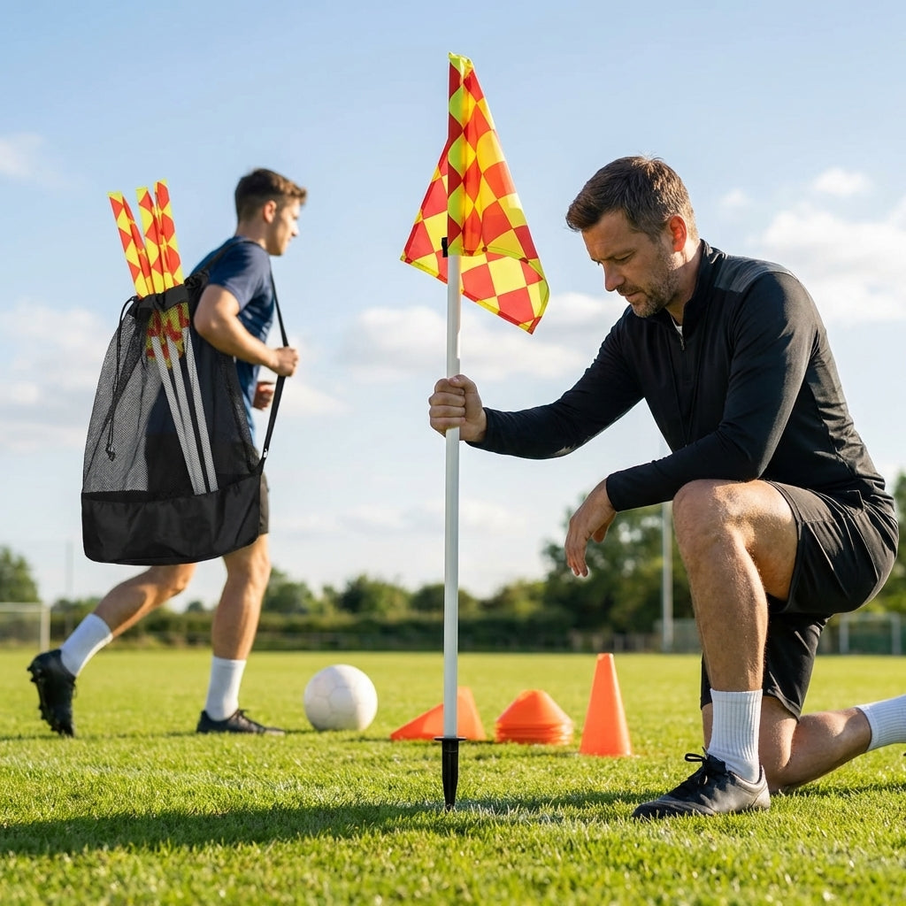 Football corner flag set with bright nylon flags and PVC poles
