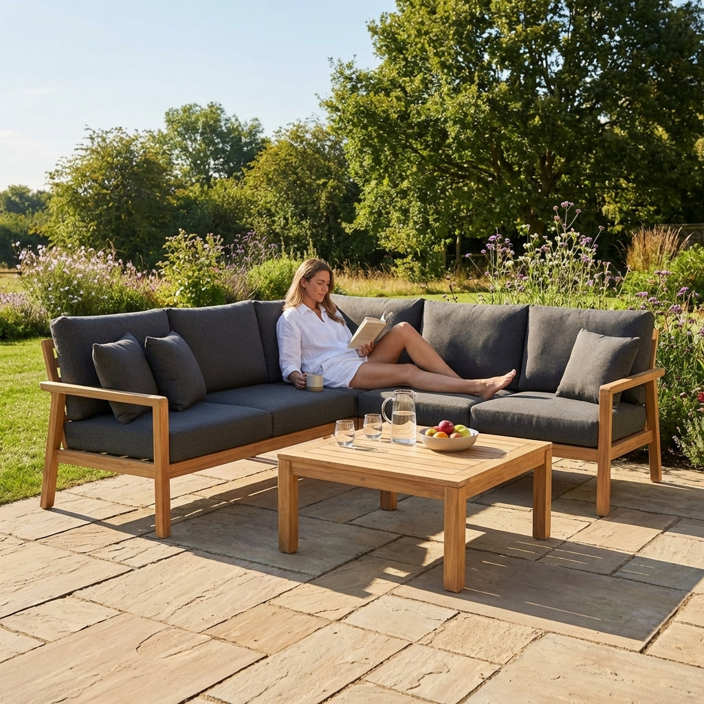 Garden corner sofa set with charcoal cushions and teak table