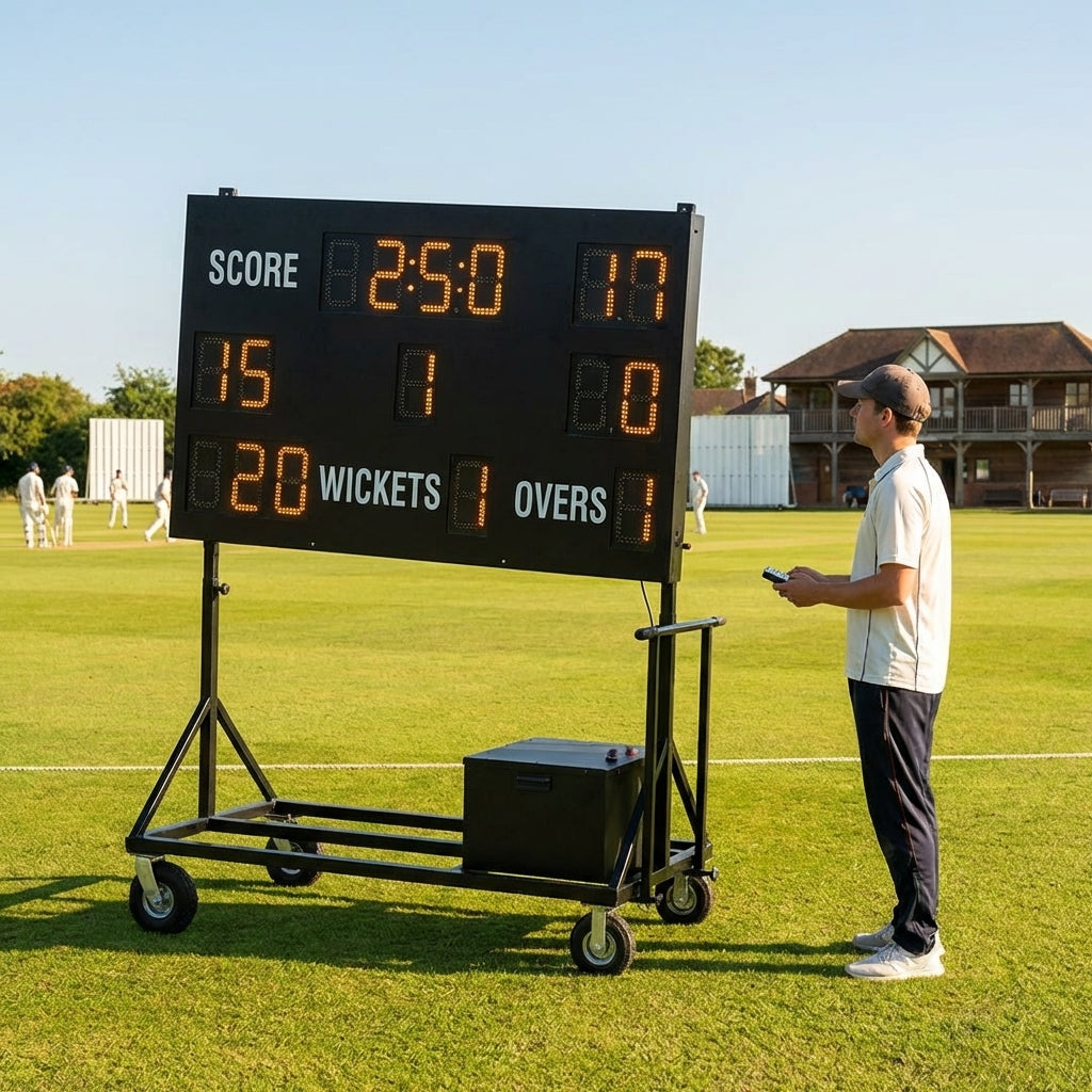Electronic cricket scoreboard with anodised aluminium frame for schools and clubs
