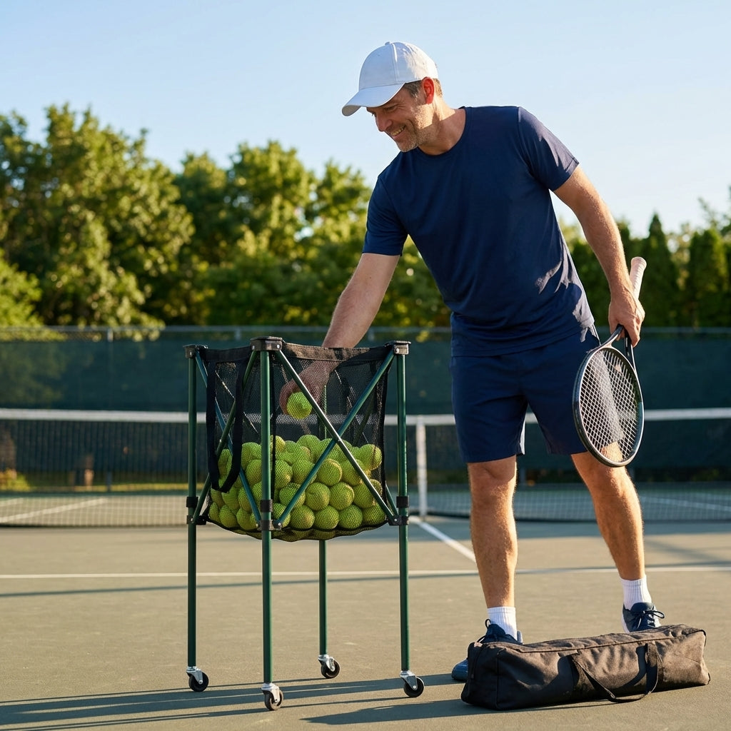Portable ball caddy with metal frame for tennis and pickleball