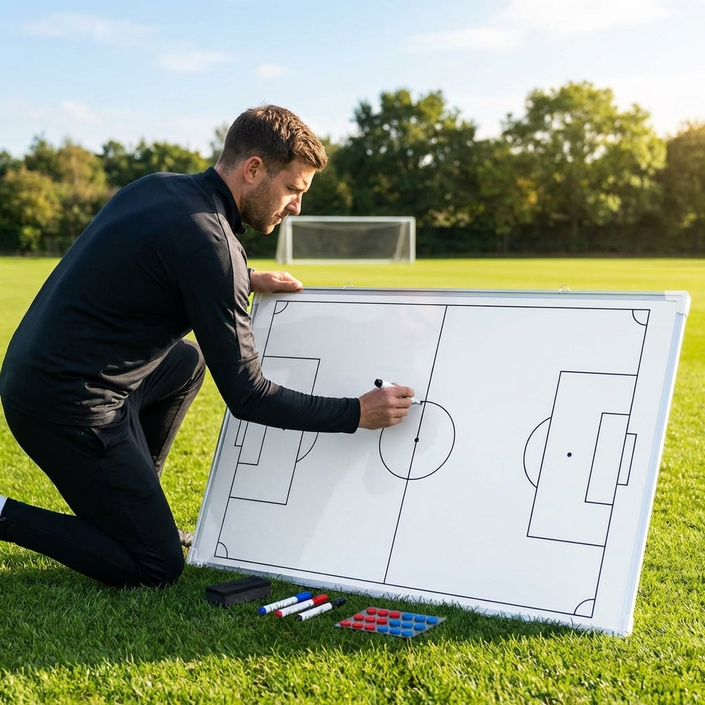 Football coaching whiteboard with aluminium frame and coloured markers