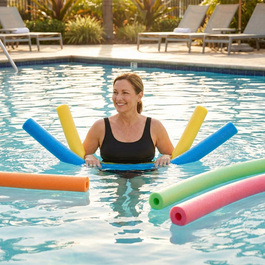 Colourful swimming pool noodles made from durable EVA foam