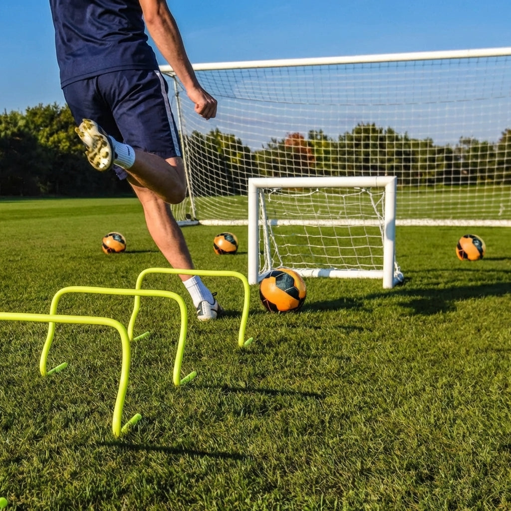 Portable 3ft by 2.5ft mini target goal for football training in a garden