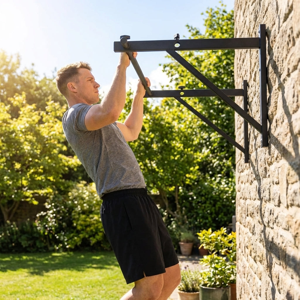 Wall Mounted Pull Up Bar in black, heavy-duty steel for home gym