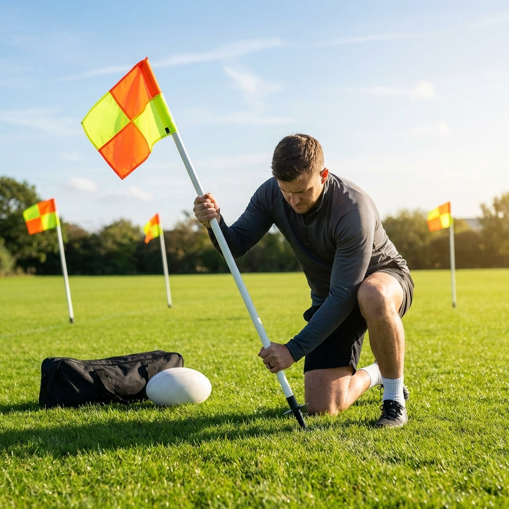 Spring loaded rugby corner flags with PVC poles and nylon flags