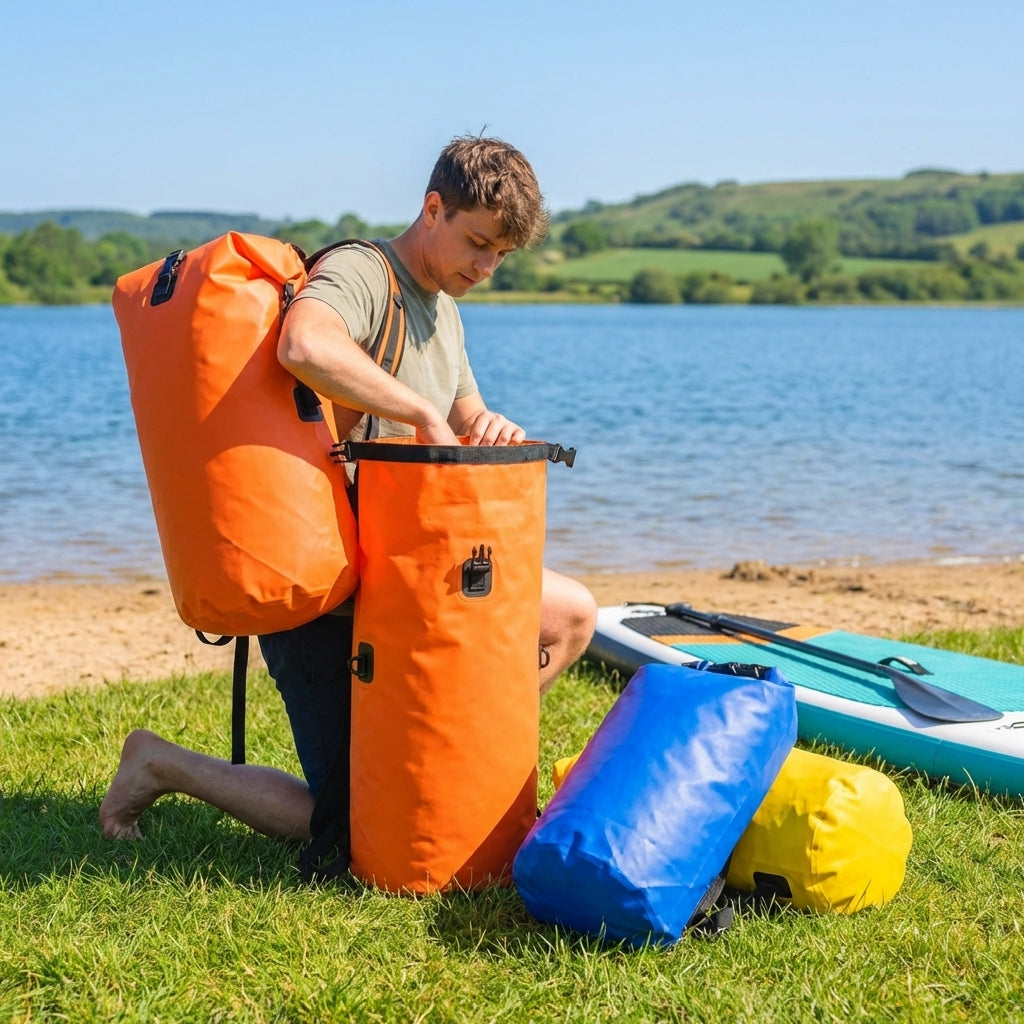 Waterproof dry bag rucksack, 10L capacity in orange, ideal for outdoor sports