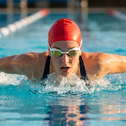 Racing swimming goggles with panoramic mirrored lenses