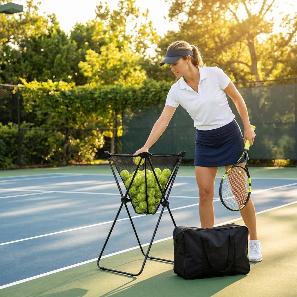 Portable ball caddy for tennis and padel with metal frame and polyester netting