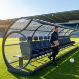 Customisable football stadium shelters with galvanised steel frame