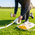 Elastic line marking tape in white, yellow, and blue for sports pitches