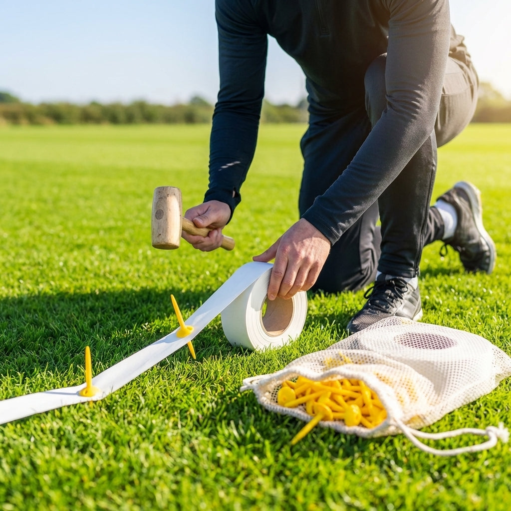 Elastic line marking tape in white, yellow, and blue for sports pitches