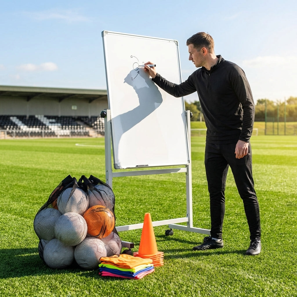 Double-sided sports coaching whiteboard with wheels