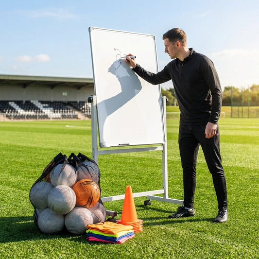 Double-sided sports coaching whiteboard with wheels