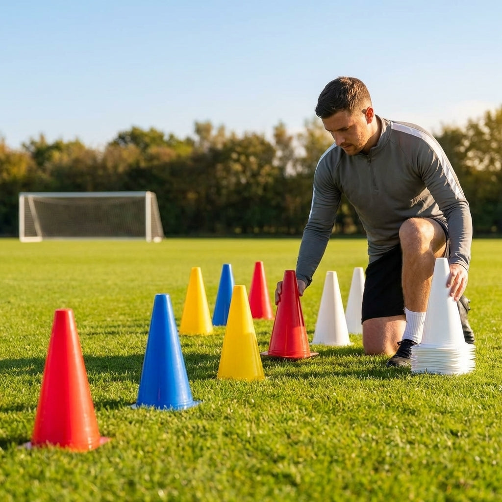Set of vibrant football training cones in various sizes and colours
