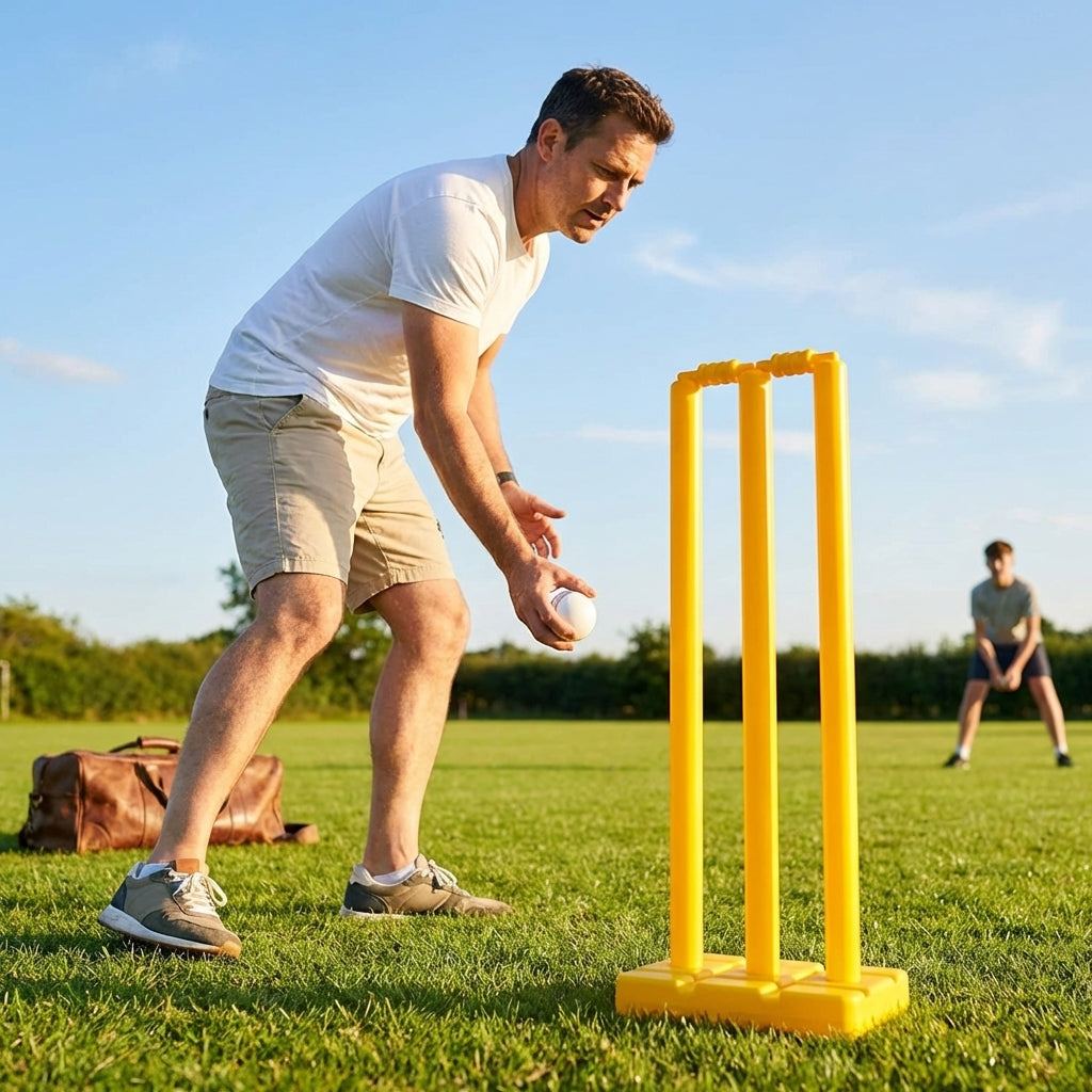 Plastic Cricket Stumps in vibrant yellow with base and bails