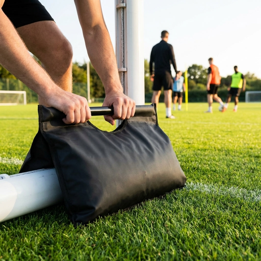 Heavy-duty black football sandbag for secure goal placement