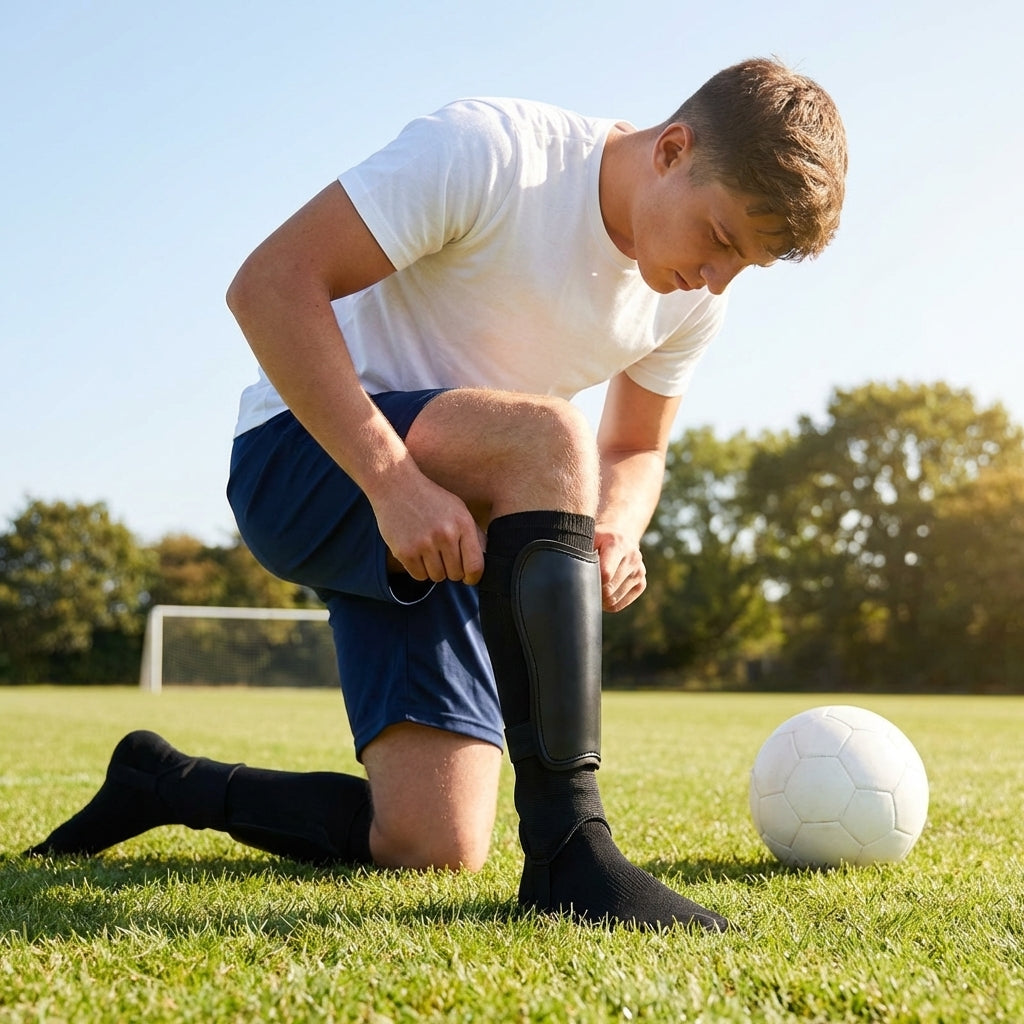 Football shin pads with ankle protectors in black finish