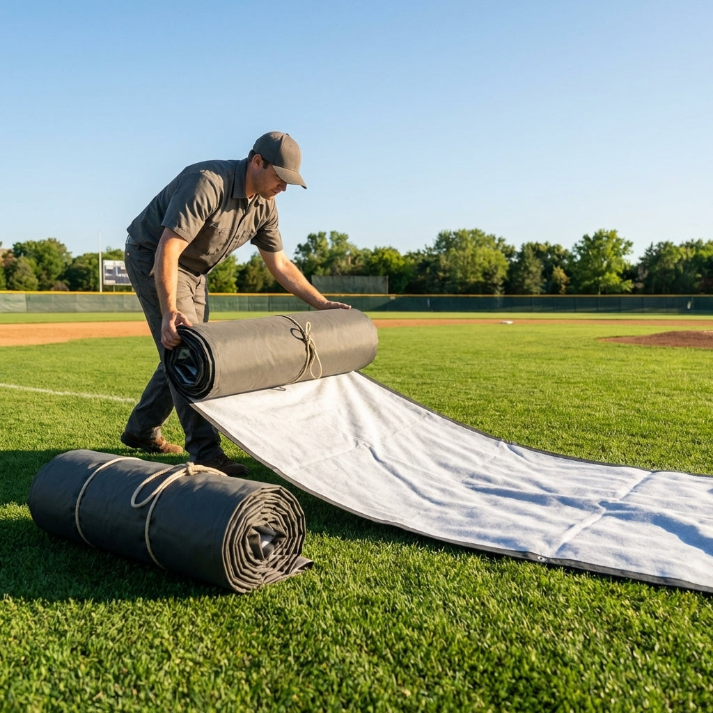 Baseball field tarpaulin in optic white with reinforced edges