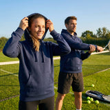 Navy cotton hoodie in sizes XS to XXL, featuring adjustable hood and kangaroo pocket - product detail