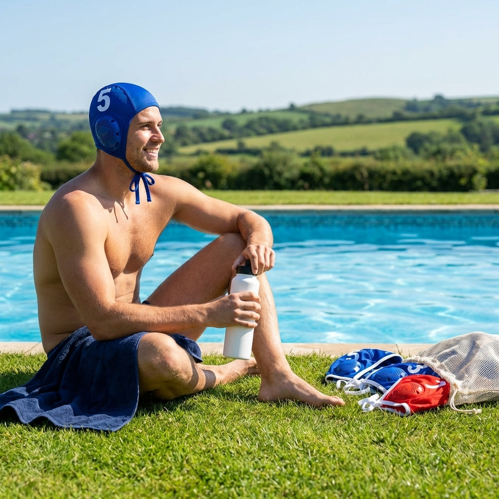 Set of 13 water polo caps in blue and white with red goalkeeper caps, featuring durable nylon material.