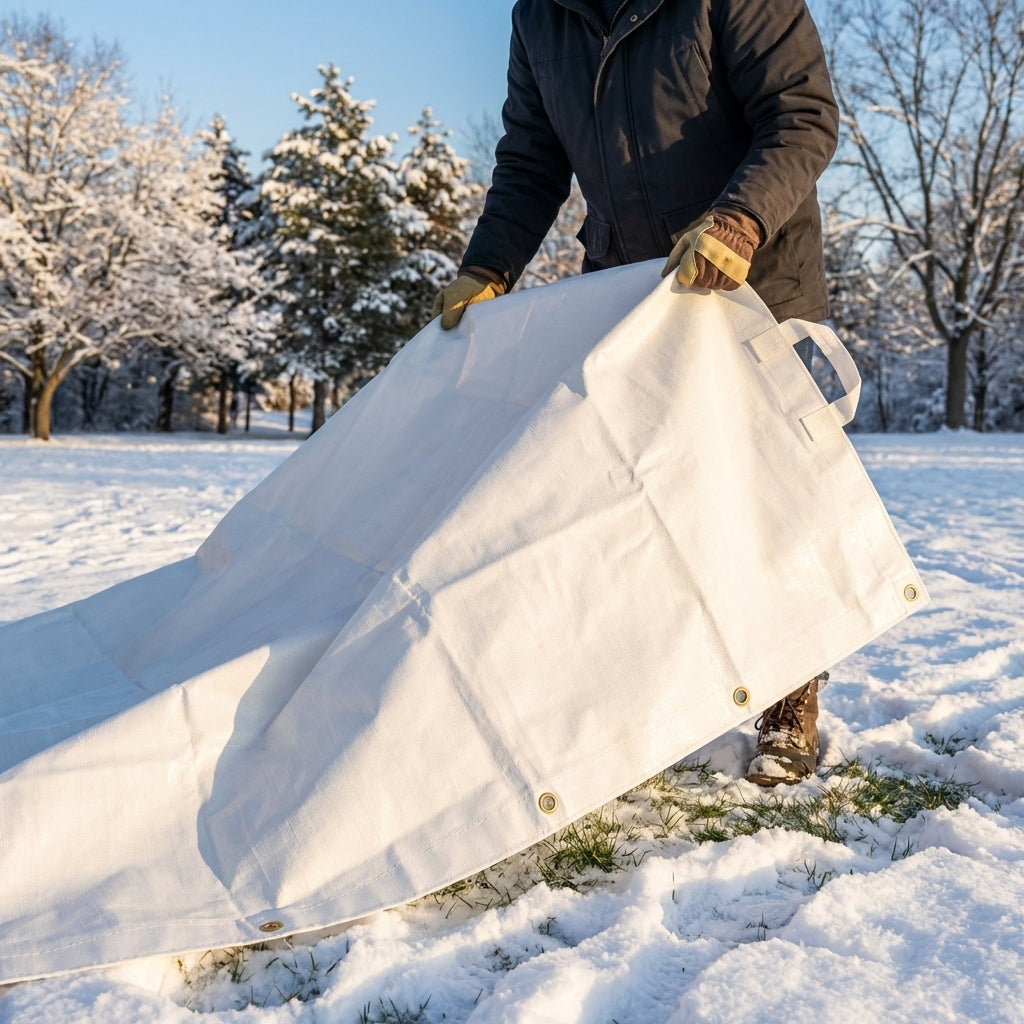 Winter weather tarpaulin protecting a driveway