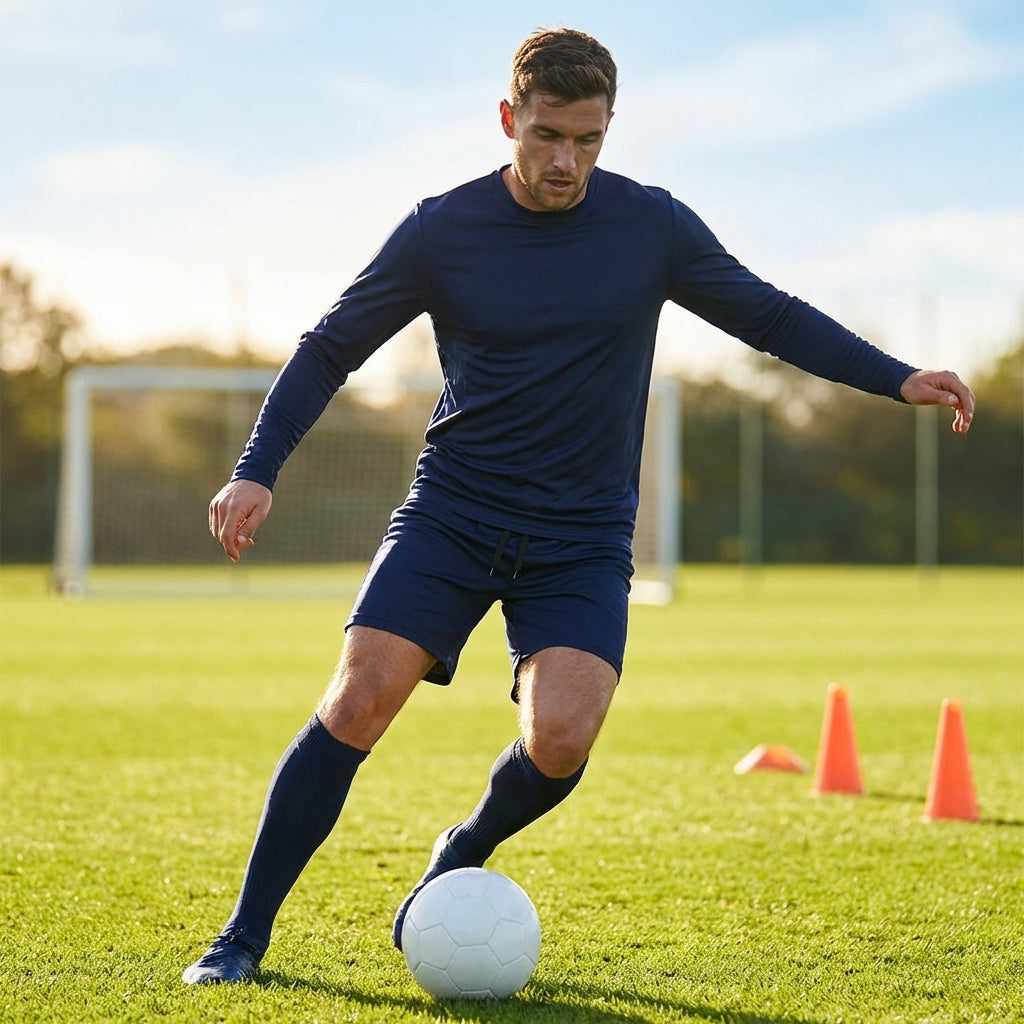 Men's football kit in various colours, including long-sleeve shirt, shorts, and socks