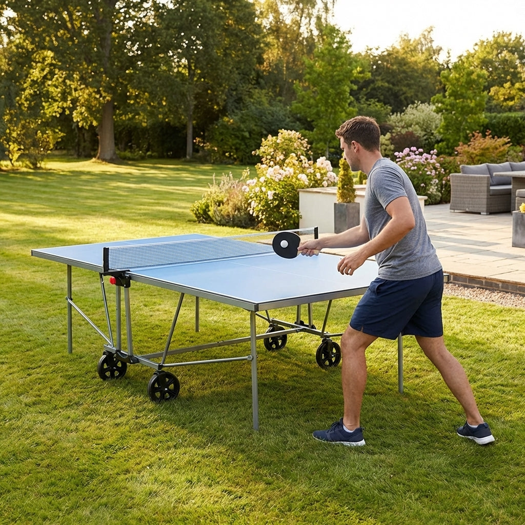 Outdoor table tennis table with steel frame and blue resin top