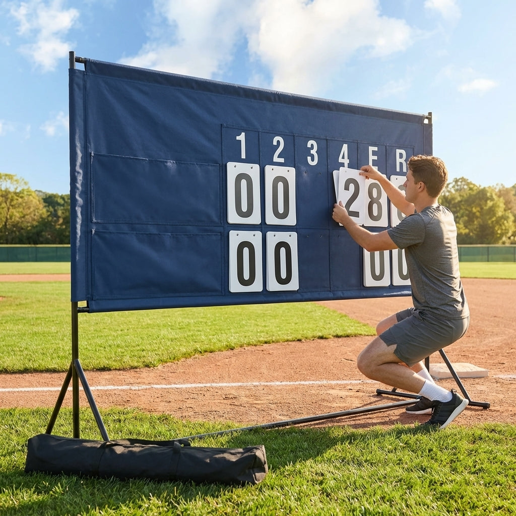 Portable baseball scoreboard with black MDF and plastic construction