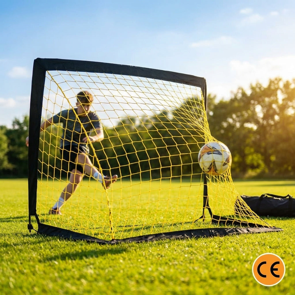 Square pop-up football goal set up on a grass pitch for training practice