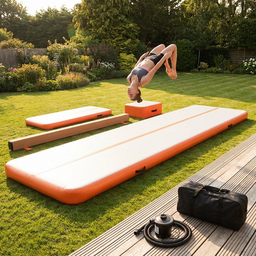 Inflatable gymnastics mat in orange and grey designed for home and gym use - product detail